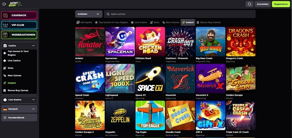 SpinyRush Casino-Lobby mit Live- und Crash-Spielen