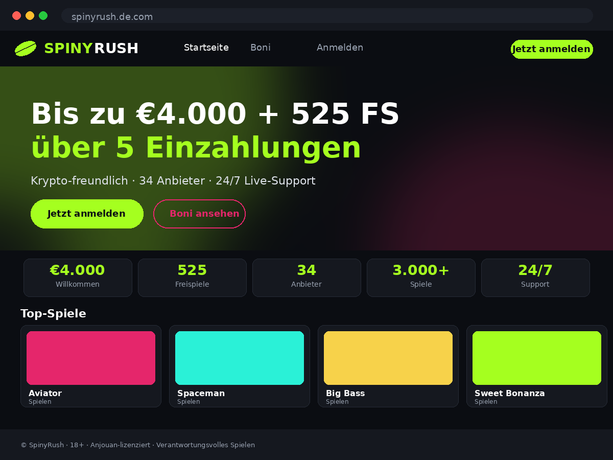 SpinyRush Casino-Lobby auf dem Smartphone